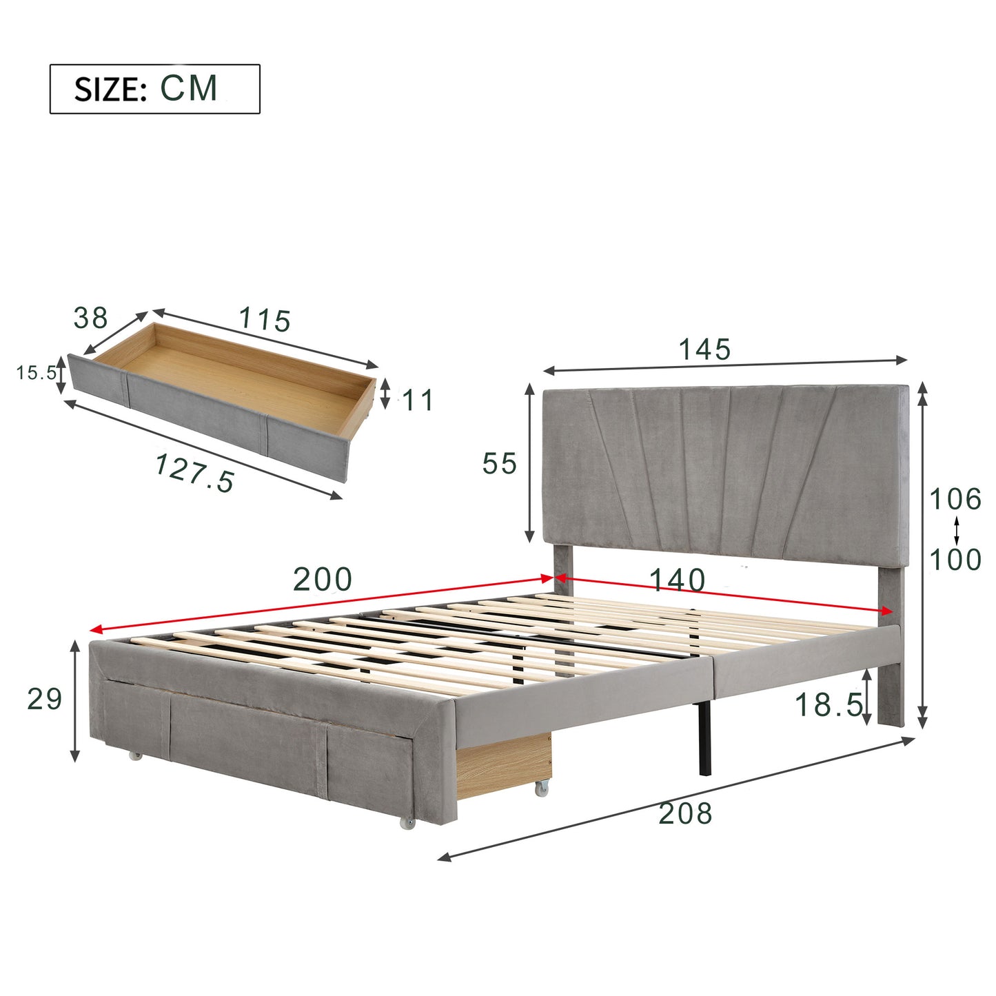 140x200cm Grey Velvet Upholstered Double Bed with Slatted Frame & Large Drawer