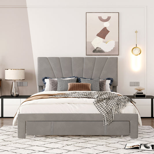 140x200cm Grey Velvet Upholstered Double Bed with Slatted Frame & Large Drawer