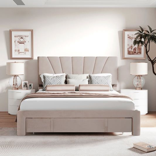 140x200cm  Velvet Upholstered Double Bed with Slatted Frame & Large Drawer