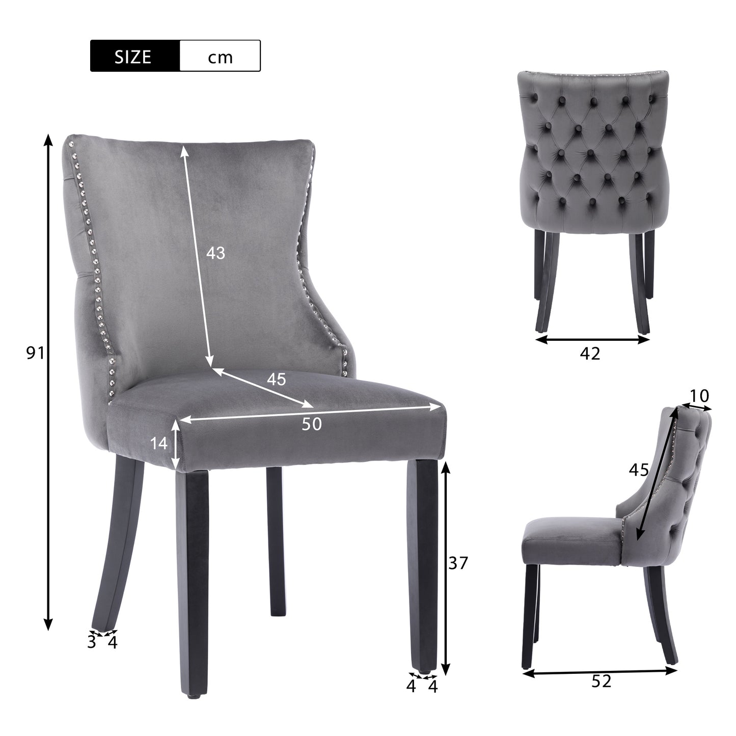 6-Piece Gray Velvet Dining Chair Set with Button Quilting and Solid Wood Frame