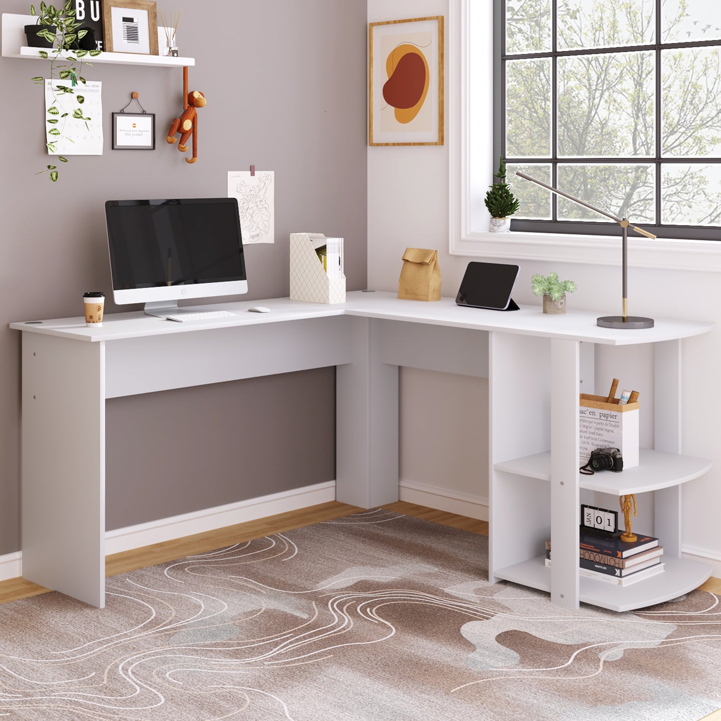 White Corner Desk 140 CM-L-Shaped Design with Two Shelves for Ultimate Workspace Efficiency