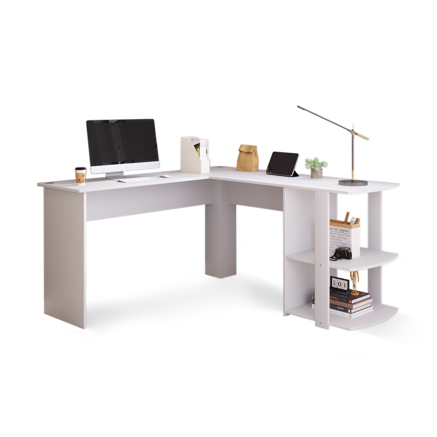 White Corner Desk 140 CM-L-Shaped Design with Two Shelves for Ultimate Workspace Efficiency