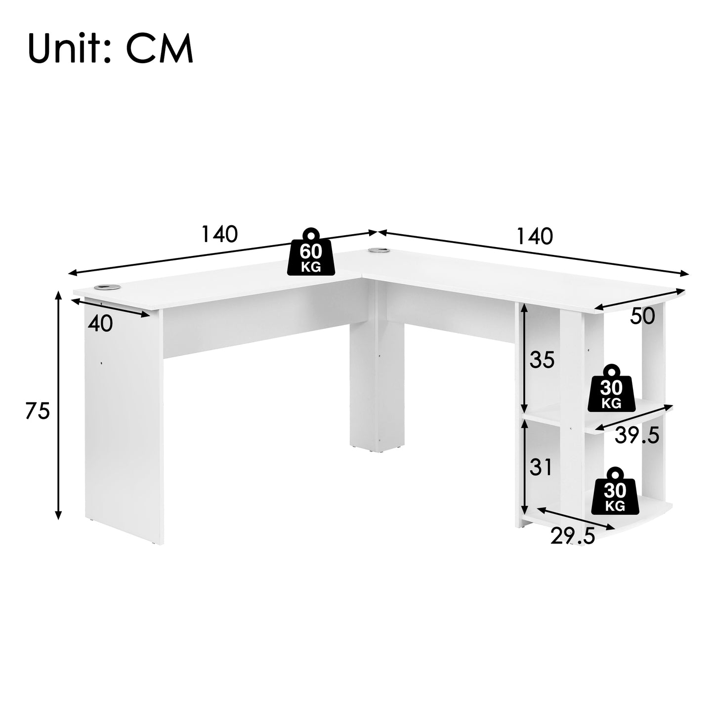 White Corner Desk 140 CM-L-Shaped Design with Two Shelves for Ultimate Workspace Efficiency