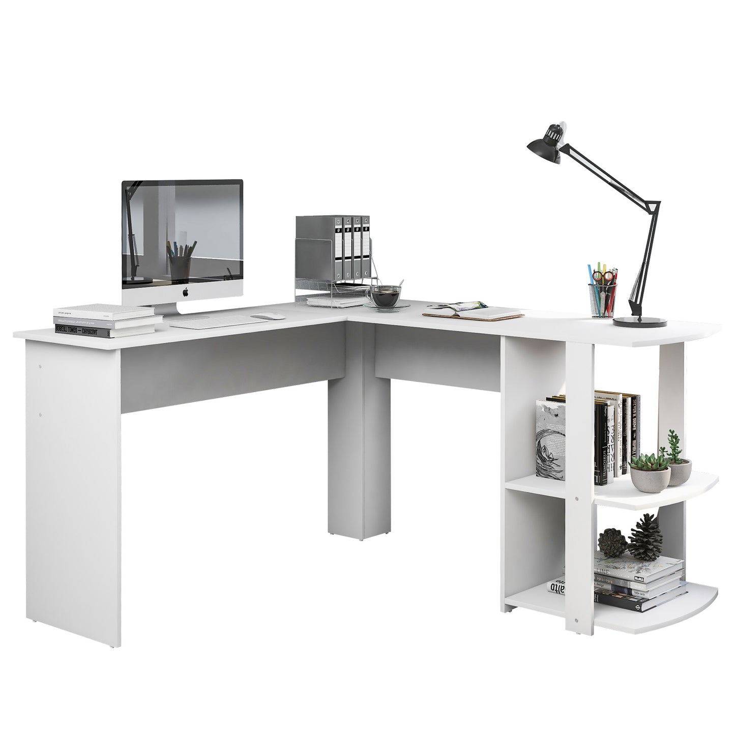 White Corner Desk 140 CM-L-Shaped Design with Two Shelves for Ultimate Workspace Efficiency