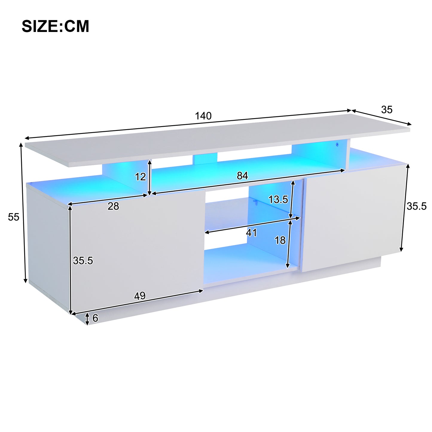 1.4m Modern White TV Cabinet with 16-Color LED Lighting for 60" TVs