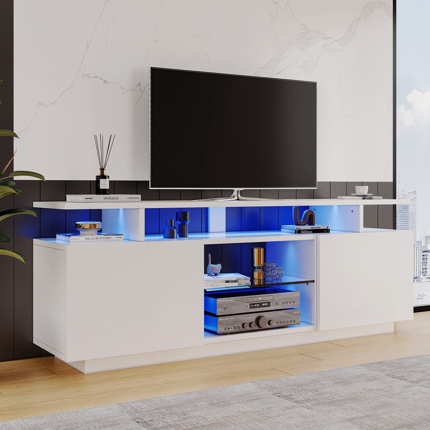 1.4m Modern White TV Cabinet with 16-Color LED Lighting for 60" TVs