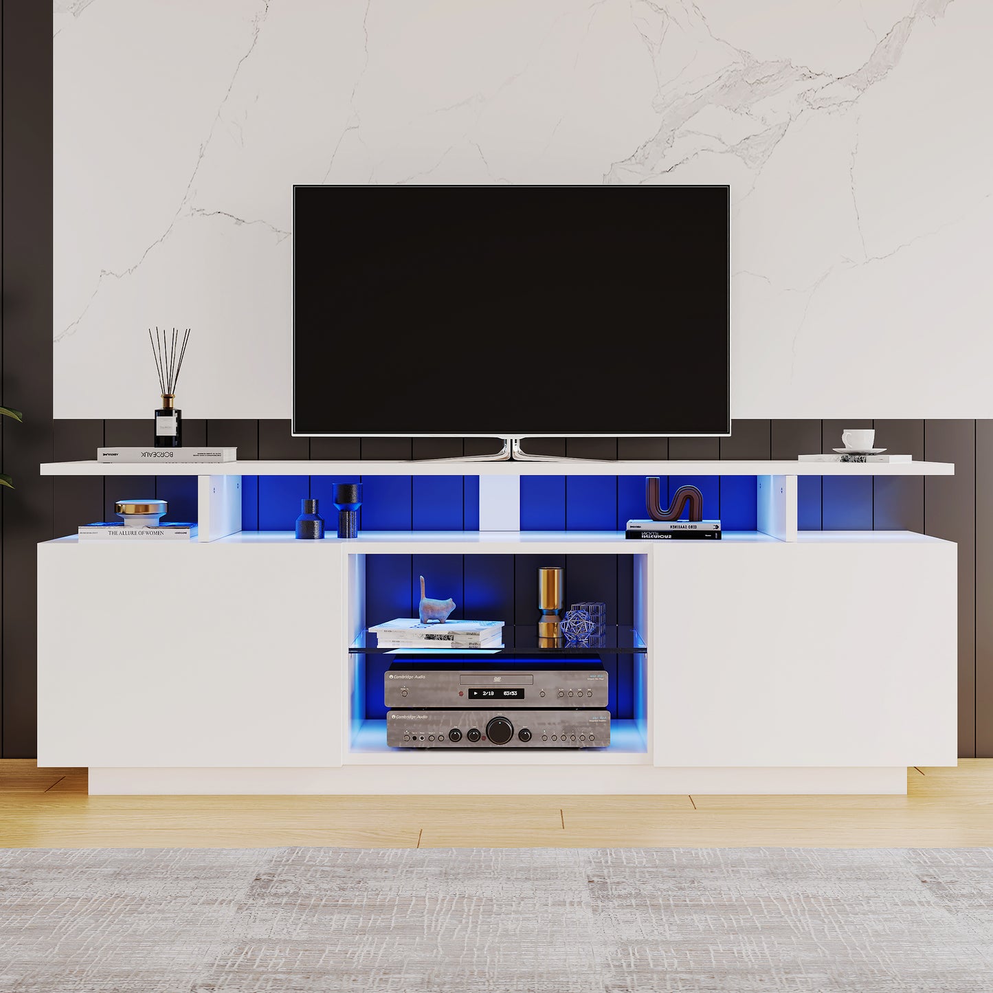 1.4m Modern White TV Cabinet with 16-Color LED Lighting for 60" TVs