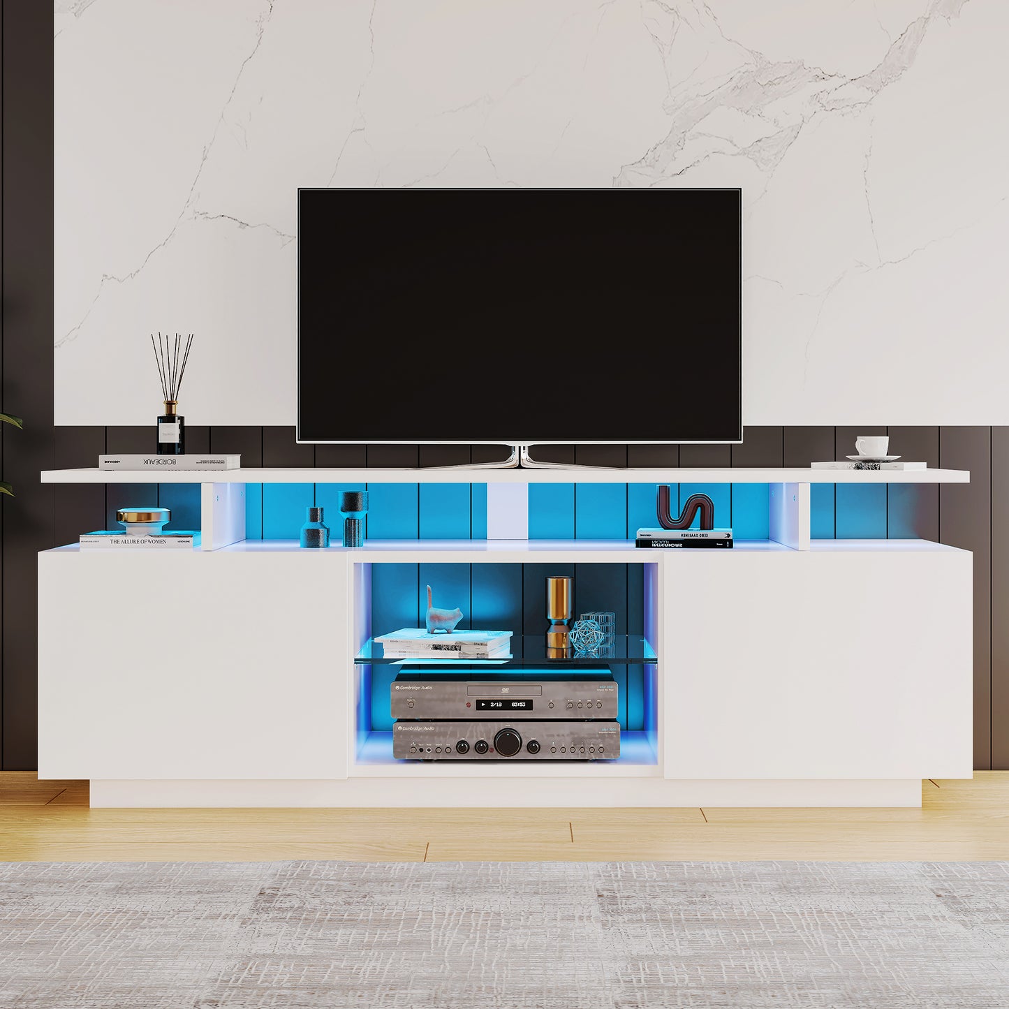 1.4m Modern White TV Cabinet with 16-Color LED Lighting for 60" TVs