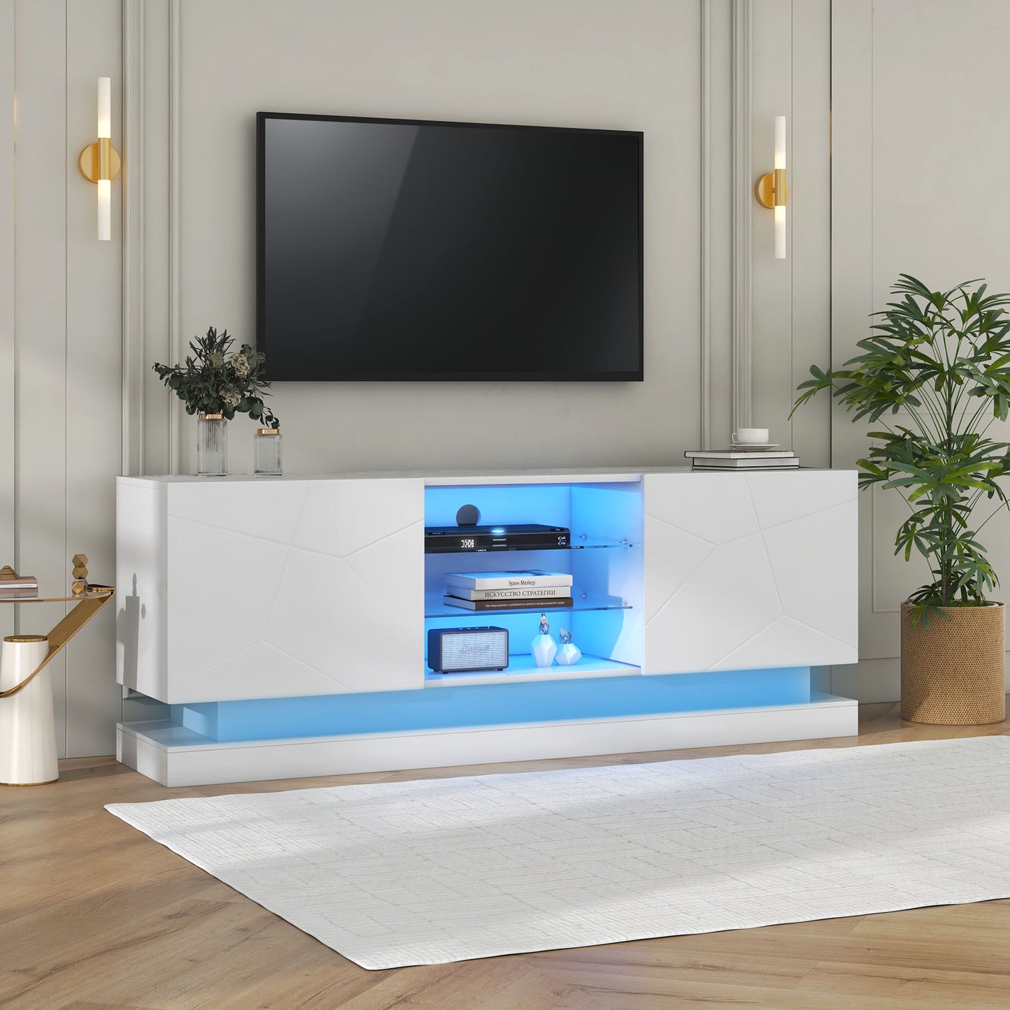 1.6m White High Gloss TV Cabinet for 70 inches TVs with Adjustable Glass Shelf