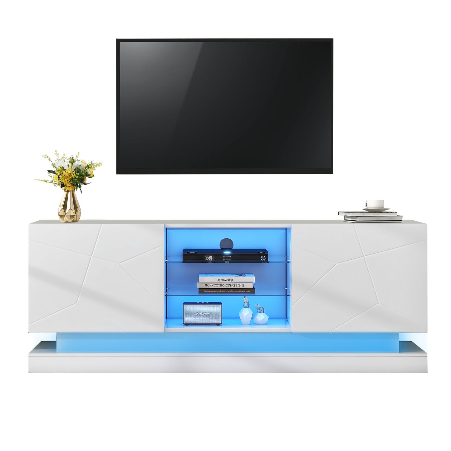 1.6m White High Gloss TV Cabinet for 70 inches TVs with Adjustable Glass Shelf