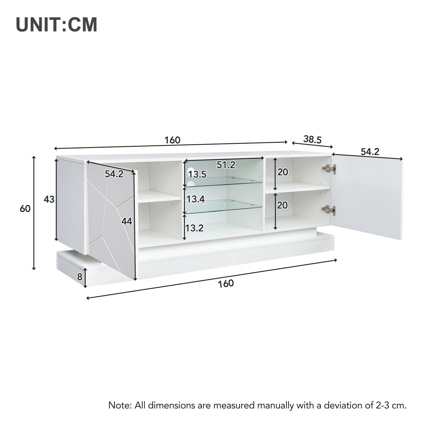 1.6m White High Gloss TV Cabinet for 70 inches TVs with Adjustable Glass Shelf