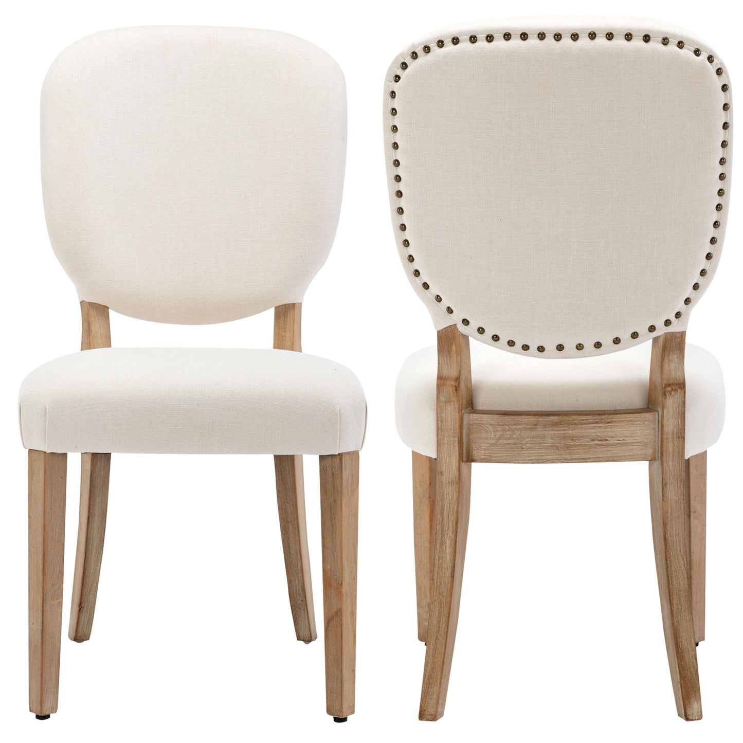 Beige Vintage Dining Chairs-Upholstered with Copper Nails, Set of 2