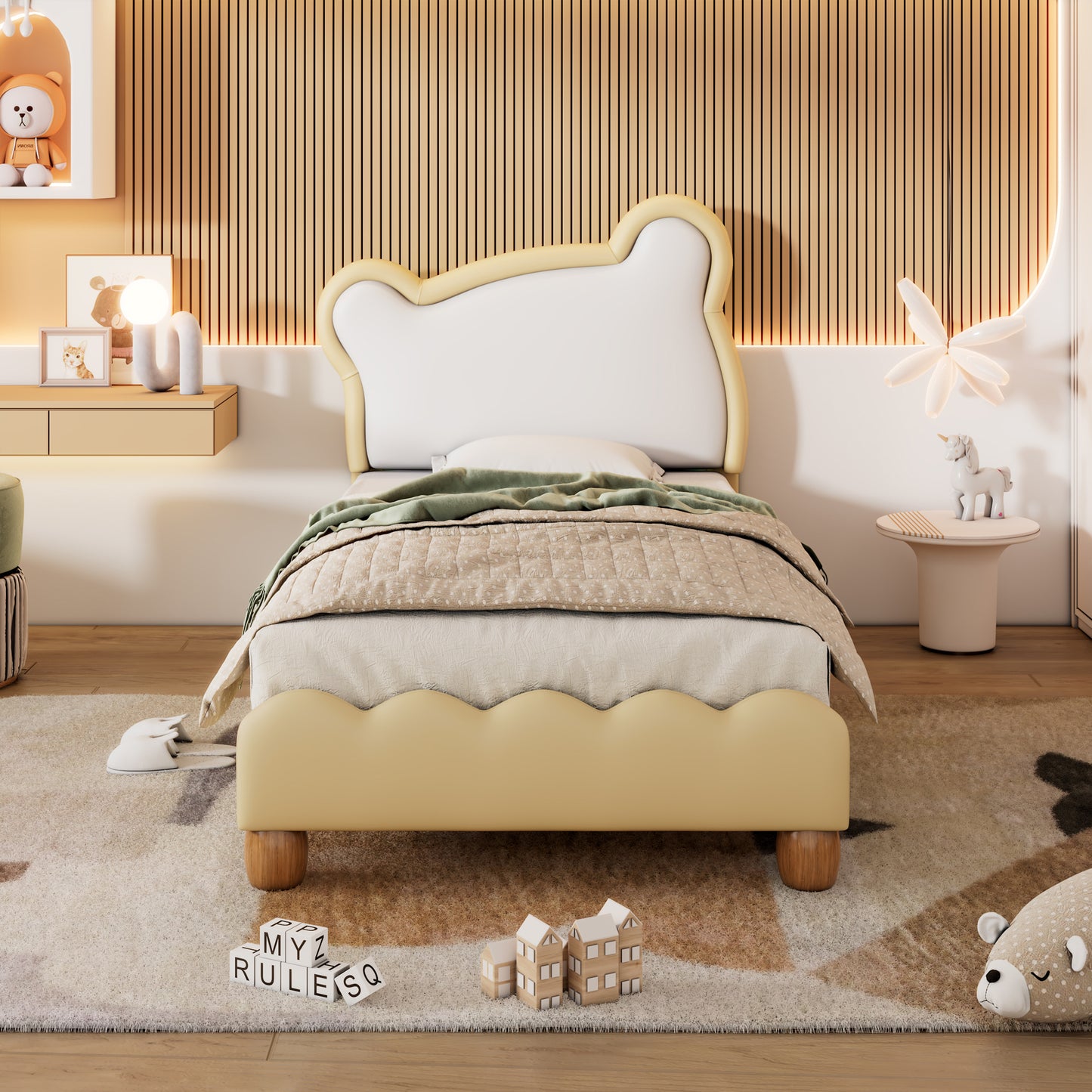 Cuddly Bear Headboard 90x200cm Children's Upholstered Bed in Beige