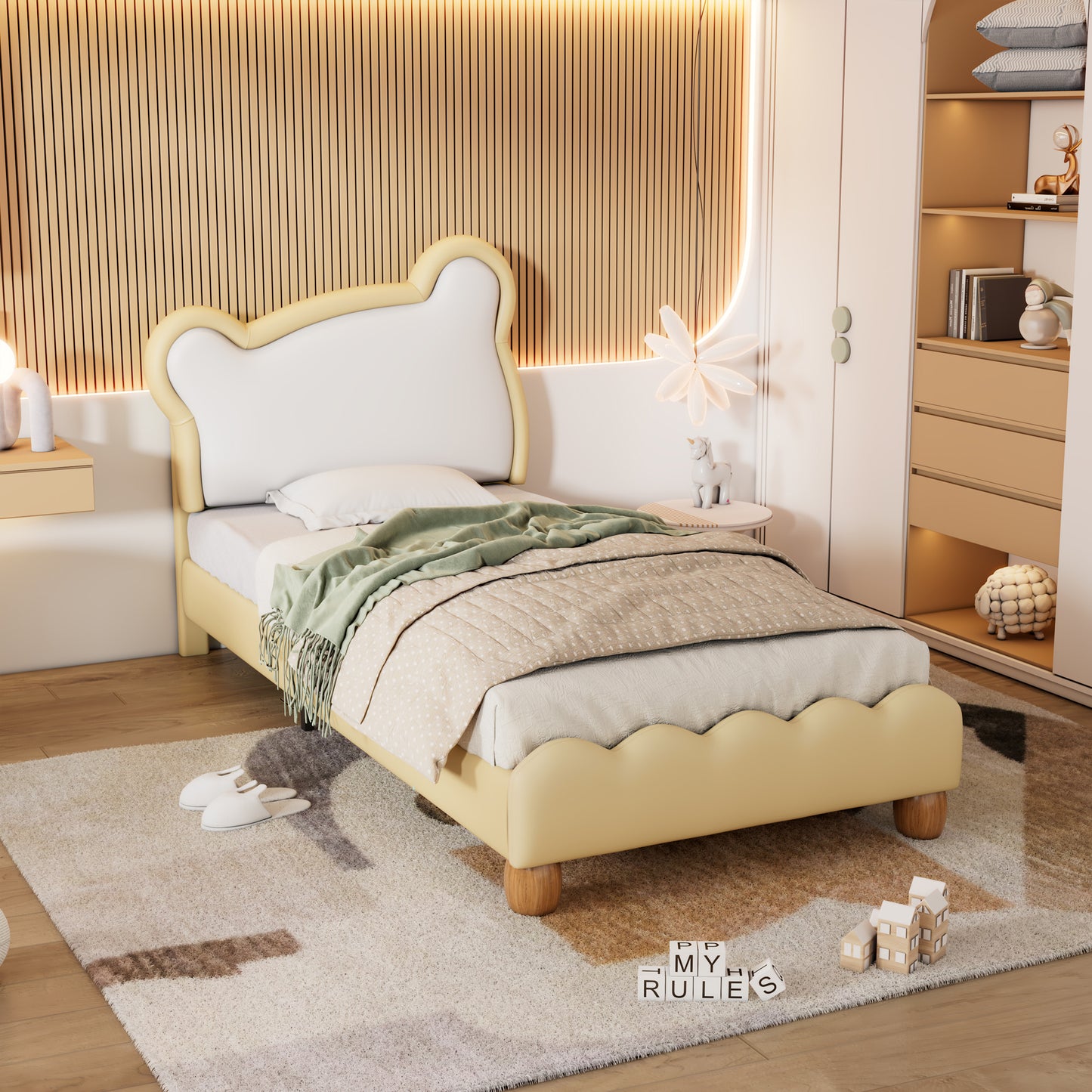 Cuddly Bear Headboard 90x200cm Children's Upholstered Bed in Beige