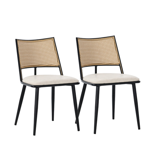 Black Rattan Backrest Chairs-PU Seat, Metal Legs, Living Room Bedroom Set of 2