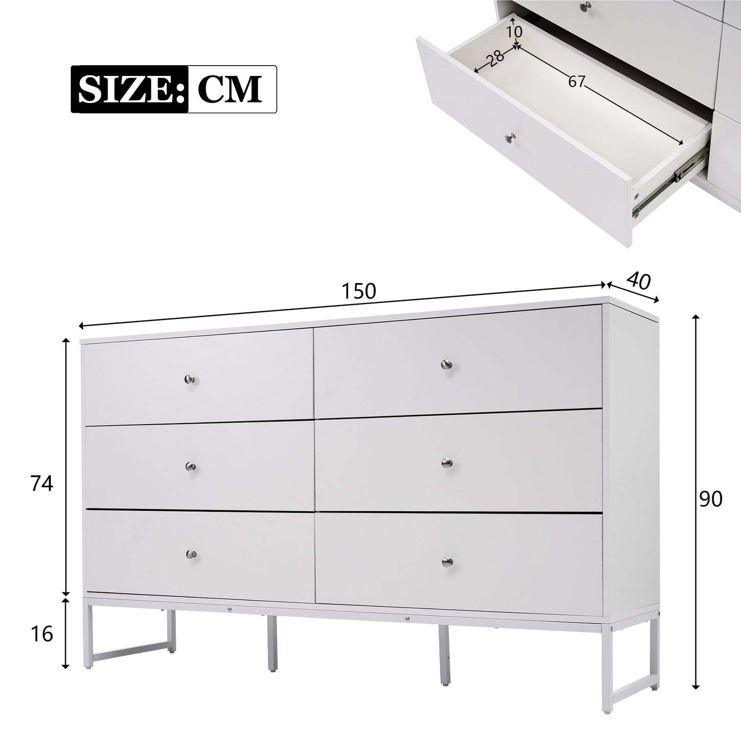 Versatile White 6-Drawer Storage Cabinet with Metal Frame