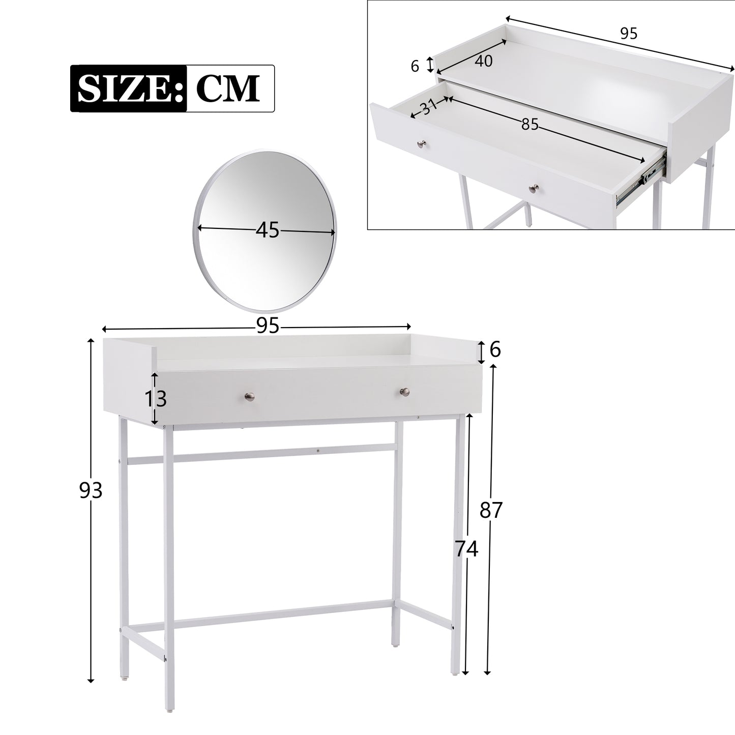 Minimalist White Dressing Table with Mirror Drawer