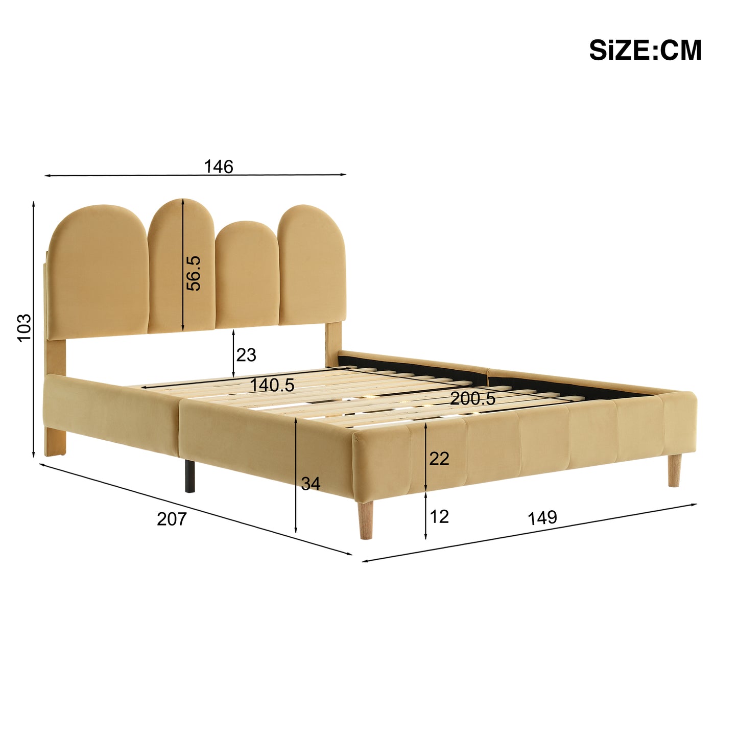 (Z)Upholstered bed frame in khaki with thumbtack headboard,LED lighting, wooden slats,D140cm x H200cm,velvet,Junior Children's Bed