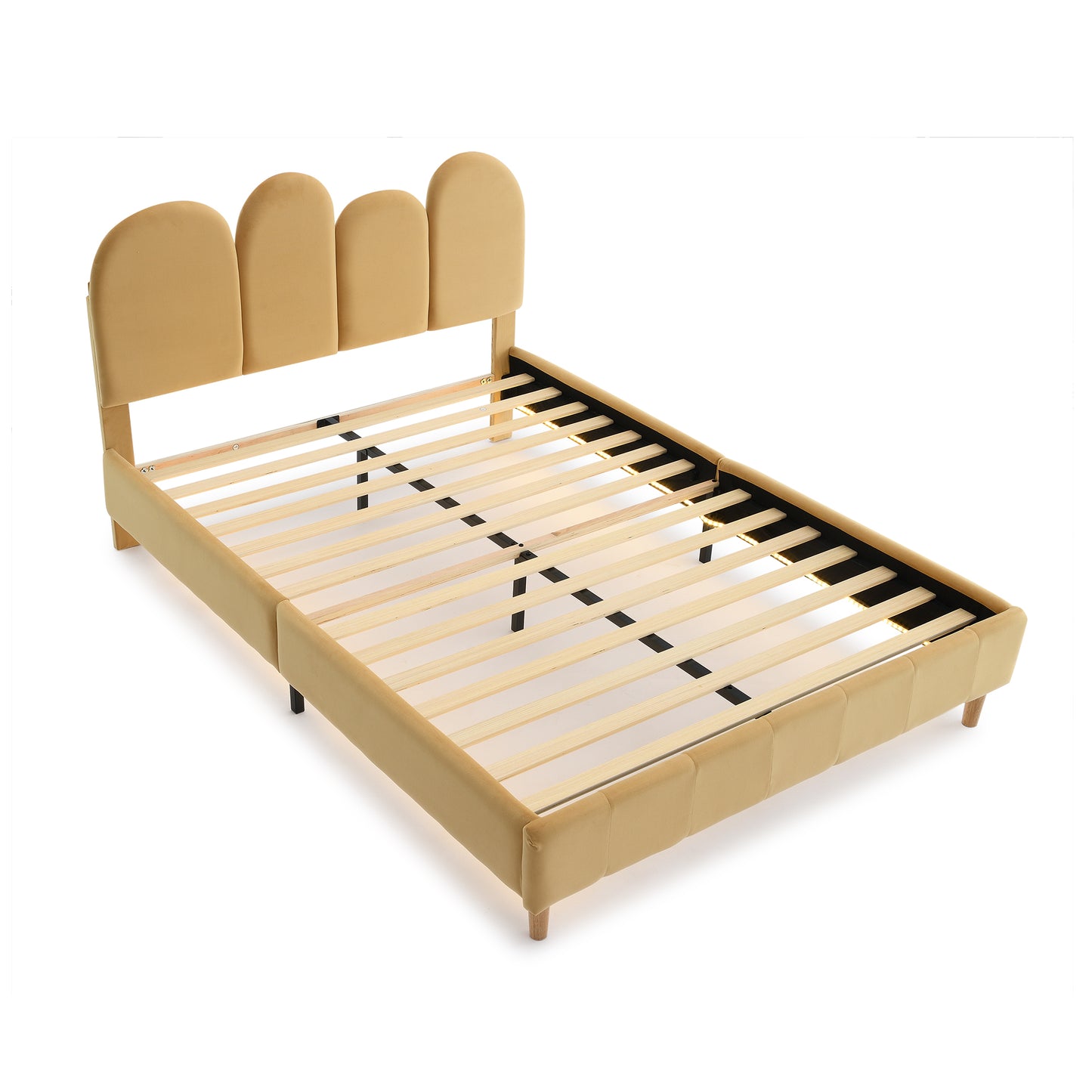 (Z)Upholstered bed frame in khaki with thumbtack headboard,LED lighting, wooden slats,D140cm x H200cm,velvet,Junior Children's Bed