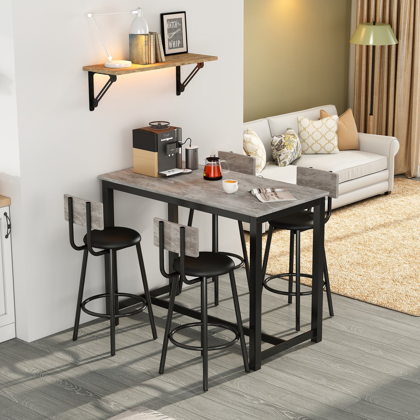 Modern Grey and Black Dining Table Set with 1 Table and 4 Chairs, Including Bar and Lounge Chairs