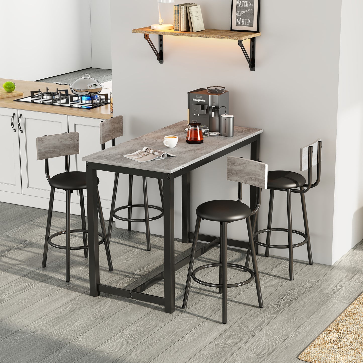 Modern Grey and Black Dining Table Set with 1 Table and 4 Chairs, Including Bar and Lounge Chairs