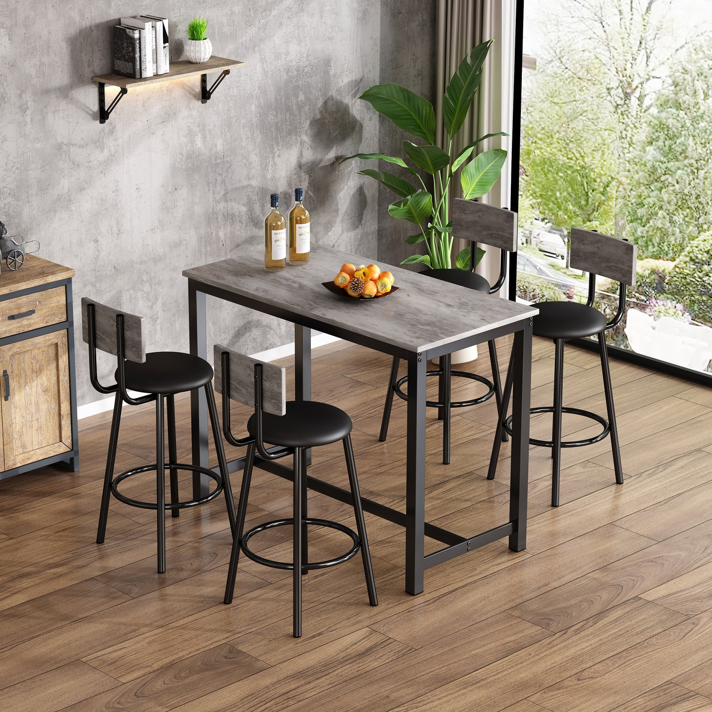 Modern Grey and Black Dining Table Set with 1 Table and 4 Chairs, Including Bar and Lounge Chairs