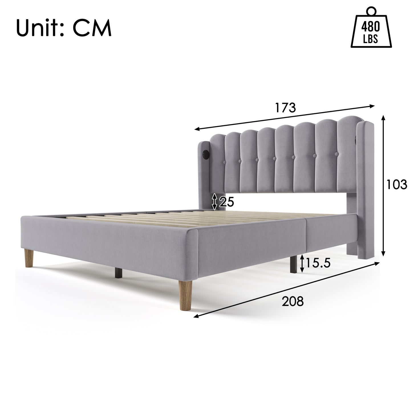 (Z)Modern Grey Linen Double Bed with USB-C Charging, Includes Bed Frame, Ideal for Teen Bedrooms