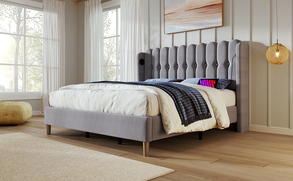 (Z)Modern Grey Linen Double Bed with USB-C Charging, Includes Bed Frame, Ideal for Teen Bedrooms