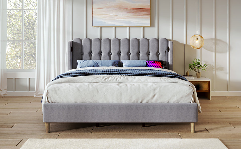 (Z)Modern Grey Linen Double Bed with USB-C Charging, Includes Bed Frame, Ideal for Teen Bedrooms