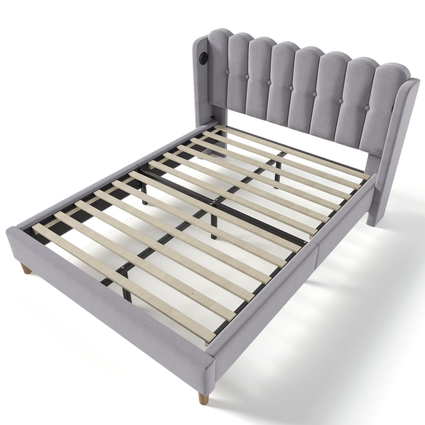 (Z)Modern Grey Linen Double Bed with USB-C Charging, Includes Bed Frame, Ideal for Teen Bedrooms