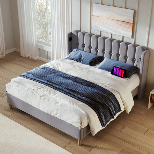 (Z)Modern Grey Linen Double Bed with USB-C Charging, Includes Bed Frame, Ideal for Teen Bedrooms