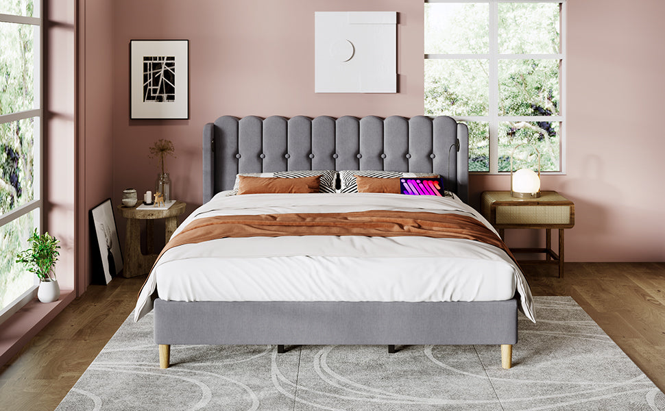 (Z)Modern Grey Linen Double Bed with USB-C Charging, Includes Bed Frame, Ideal for Teen Bedrooms