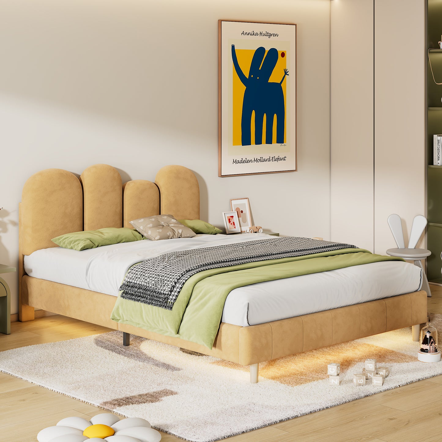 (Z)Upholstered bed frame in khaki with thumbtack headboard,LED lighting, wooden slats,D140cm x H200cm,velvet,Junior Children's Bed