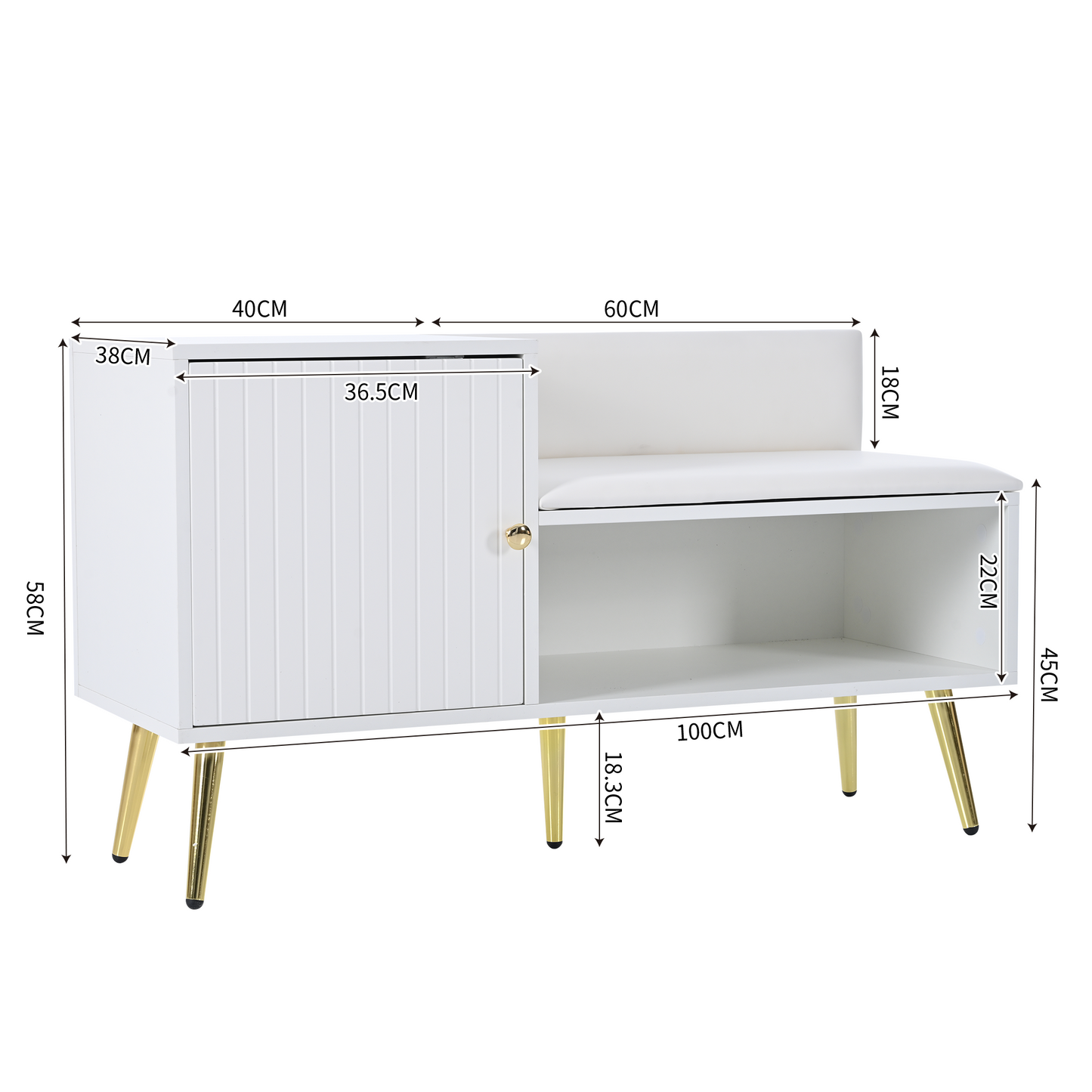 White Modern Luxury Shoe Chest with Storage, Padded Bench, and Metal Legs