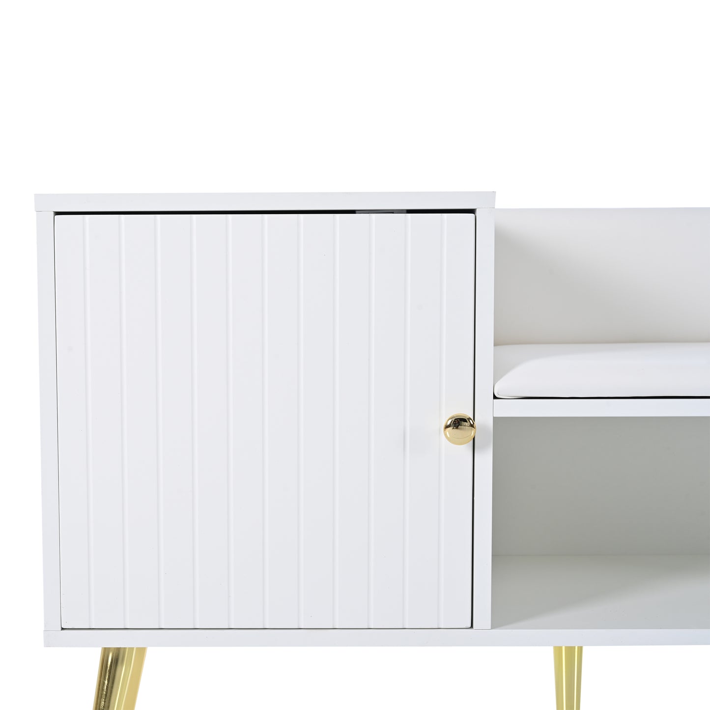 White Modern Luxury Shoe Chest with Storage, Padded Bench, and Metal Legs