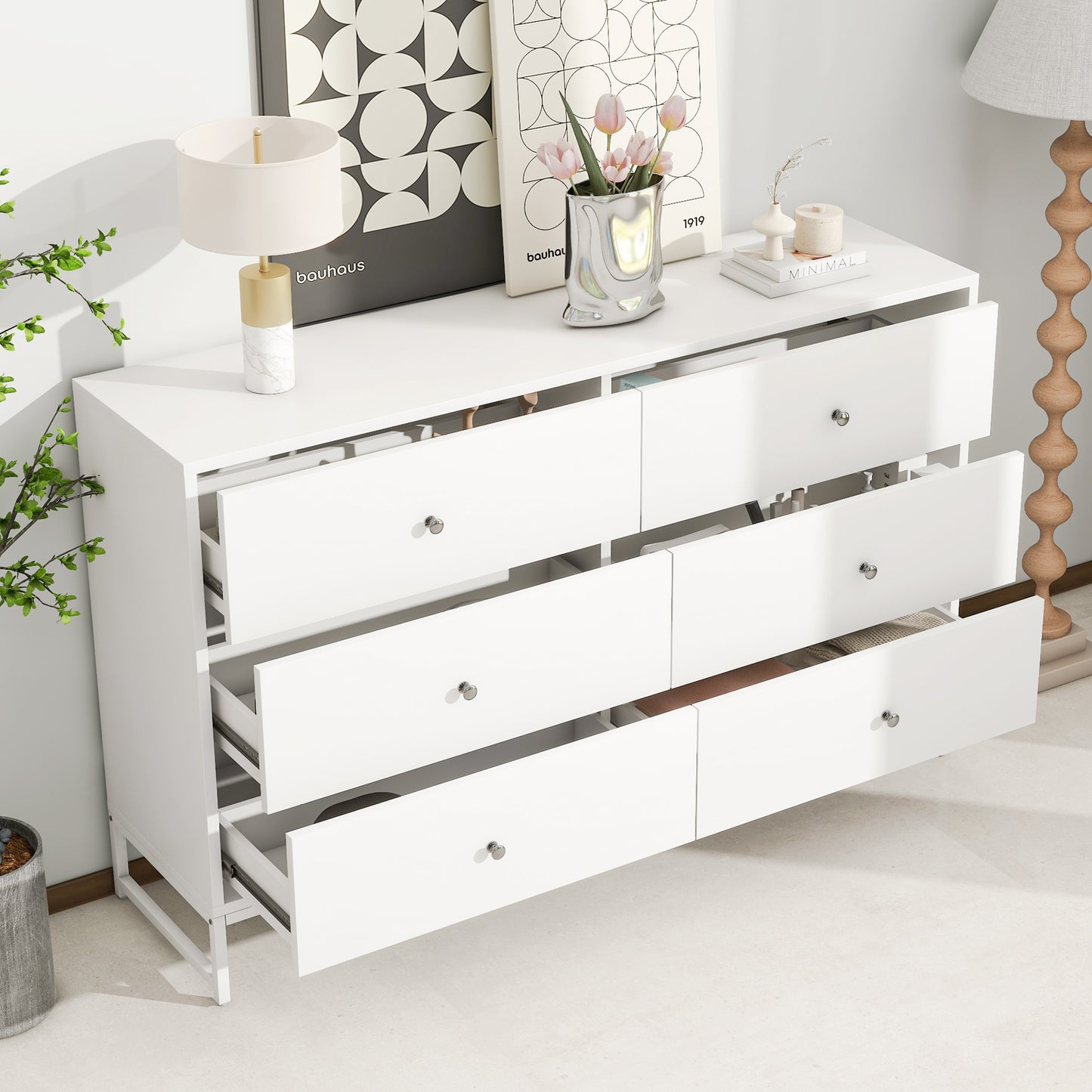 Versatile White 6-Drawer Storage Cabinet with Metal Frame