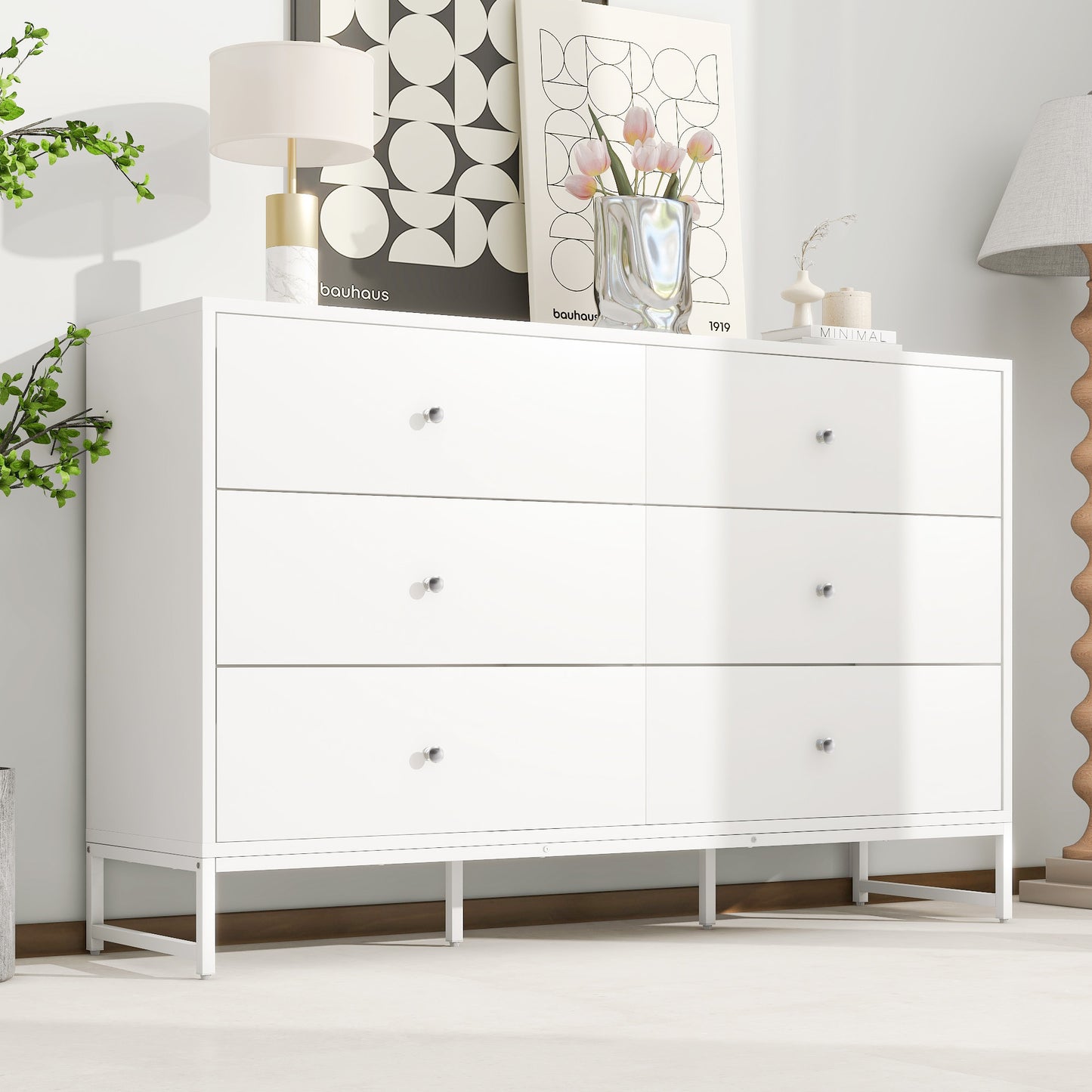 Versatile White 6-Drawer Storage Cabinet with Metal Frame