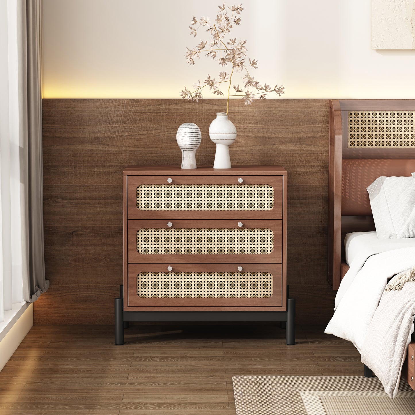 Classic 3-Drawer Cabinet with Rattan Top & Silver Handles