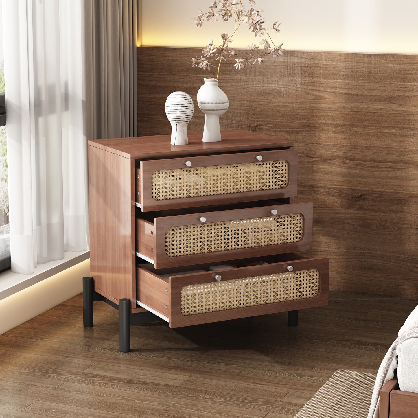 Classic 3-Drawer Cabinet with Rattan Top & Silver Handles