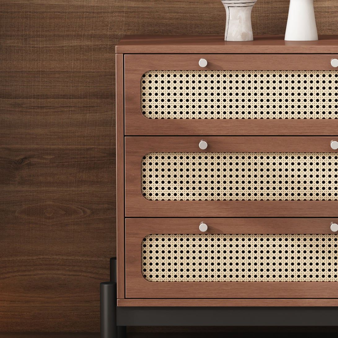 Classic 3-Drawer Cabinet with Rattan Top & Silver Handles