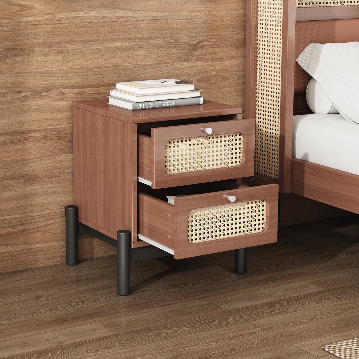 Classic Rattan 2-Drawer Bedside Table with Silver Knobs