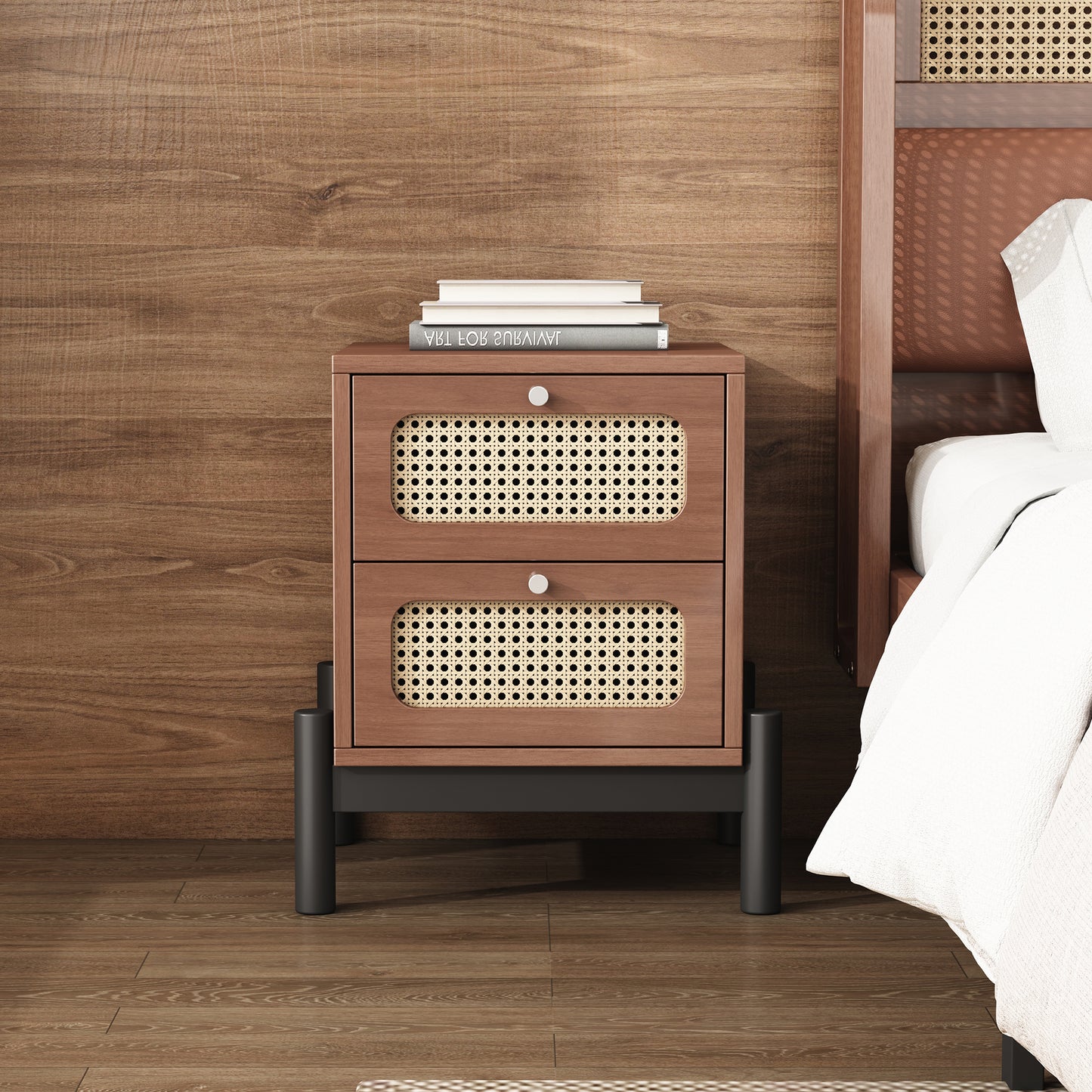 Classic Rattan 2-Drawer Bedside Table with Silver Knobs