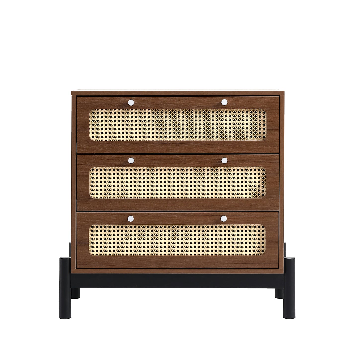 Classic 3-Drawer Cabinet with Rattan Top & Silver Handles