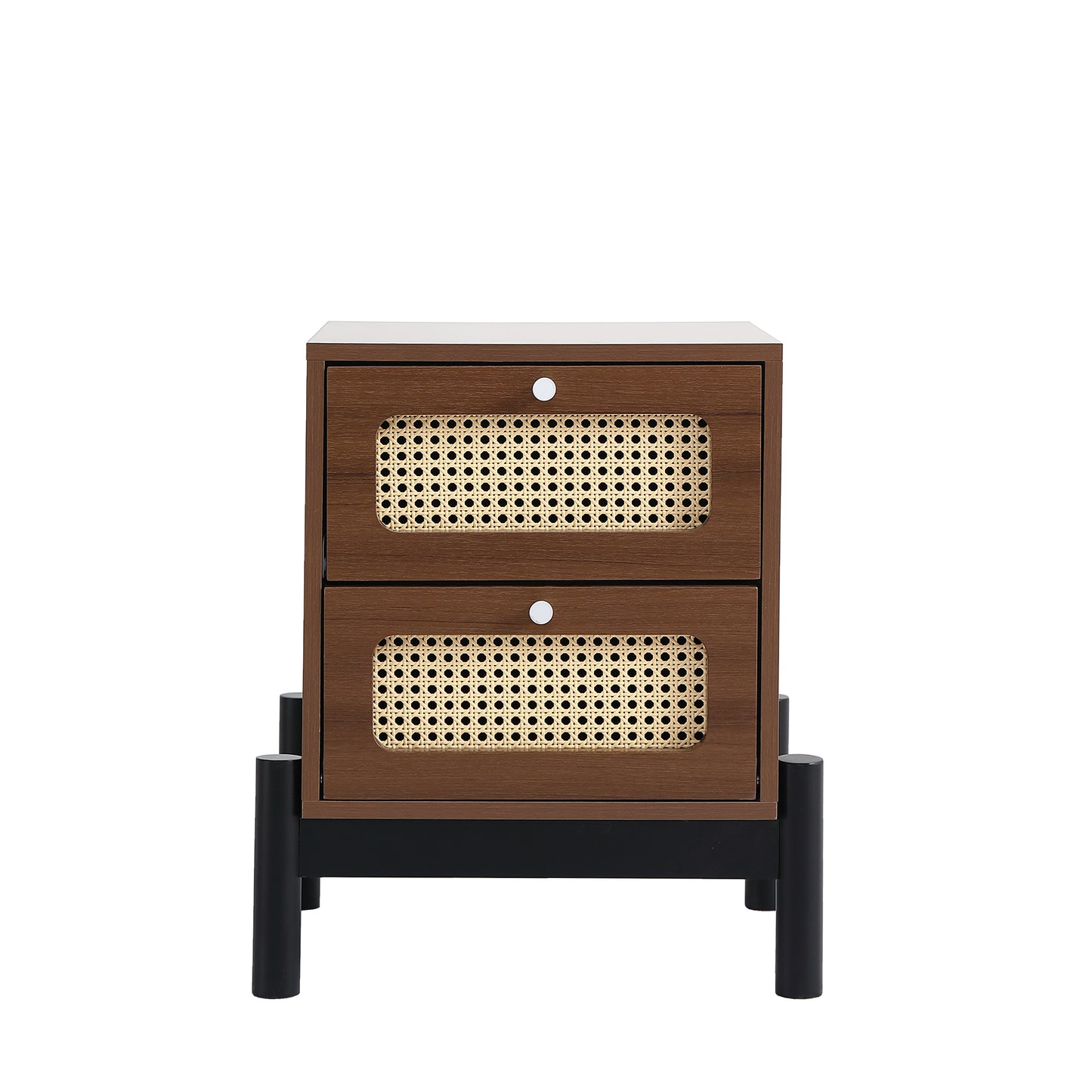 Classic Rattan 2-Drawer Bedside Table with Silver Knobs