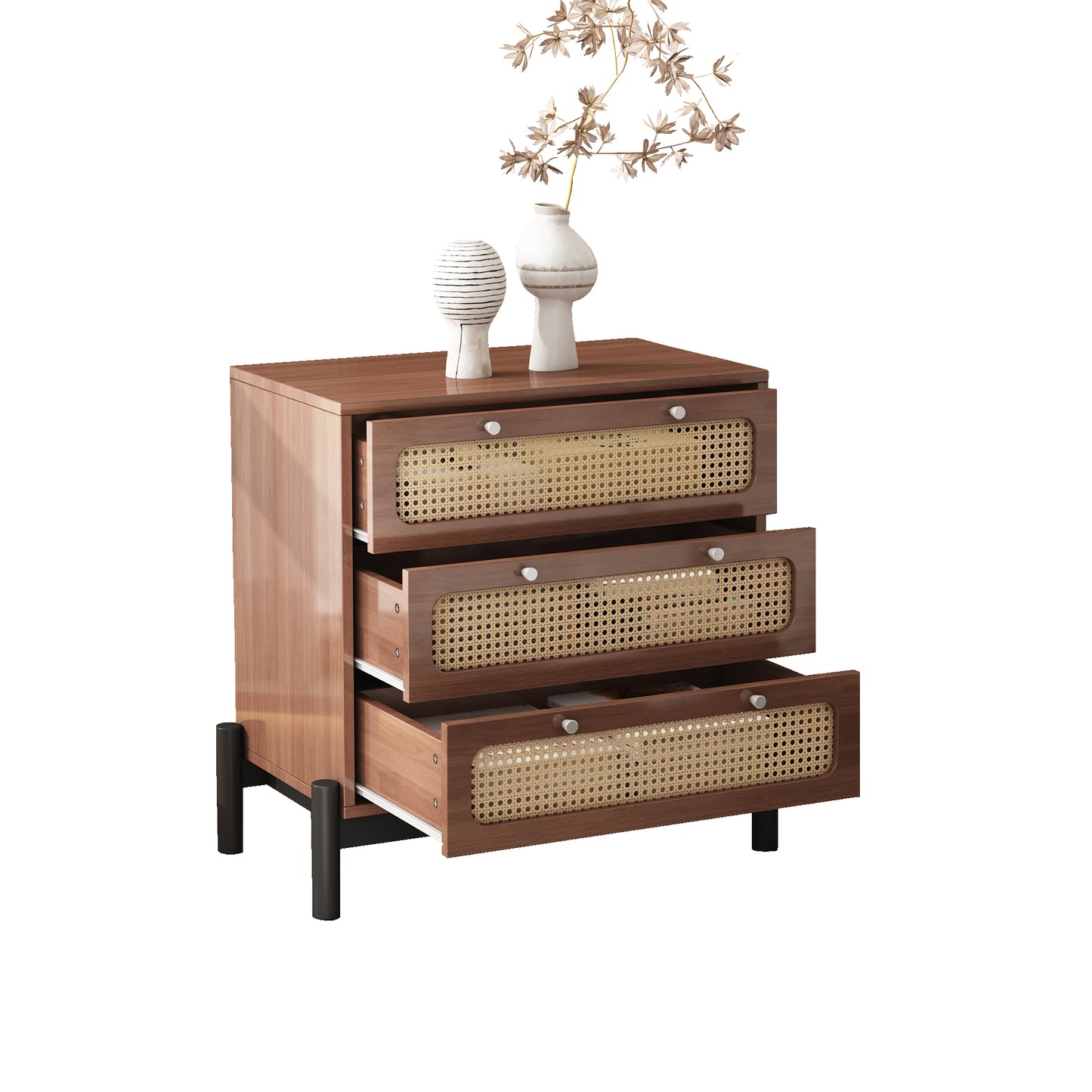 Classic 3-Drawer Cabinet with Rattan Top & Silver Handles