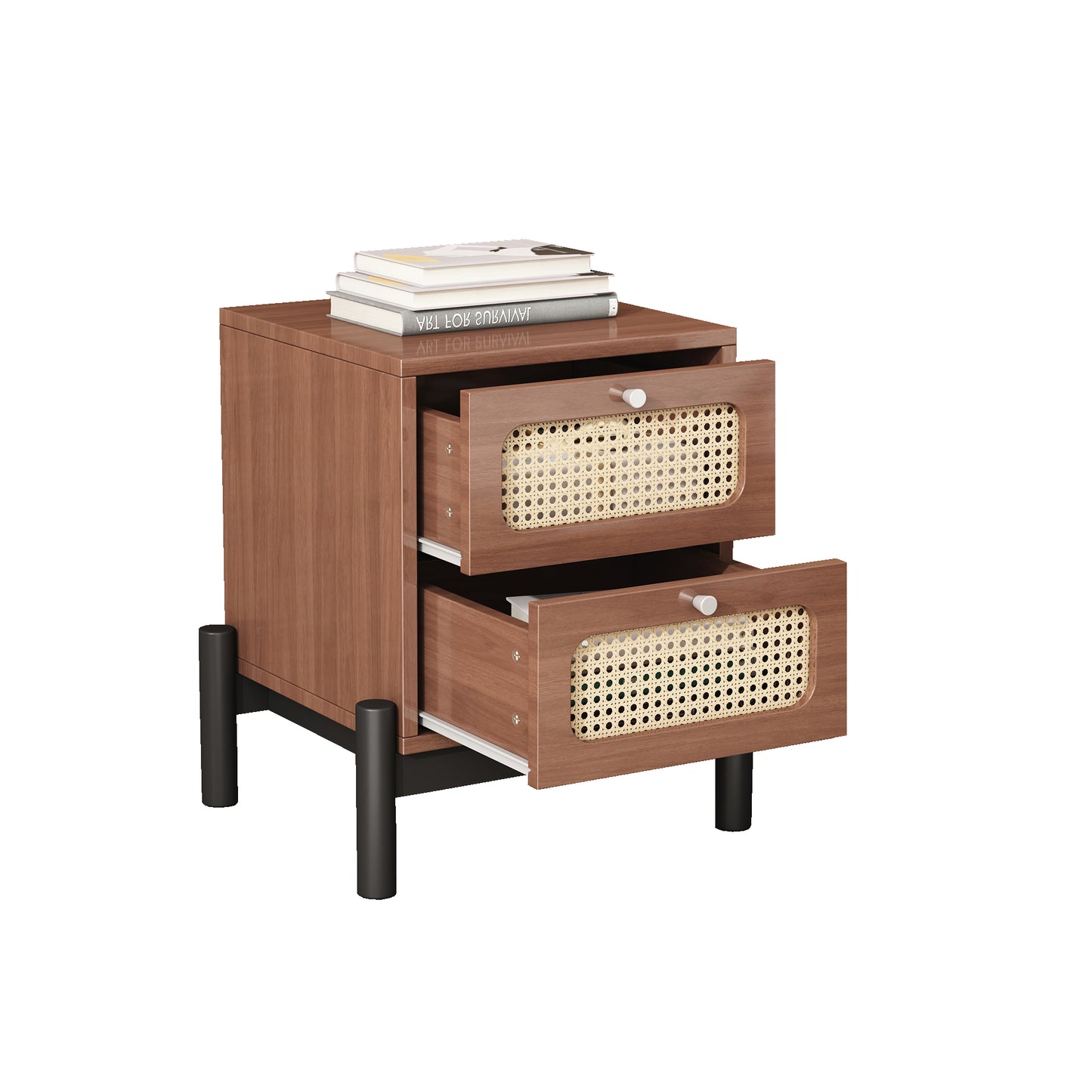 Classic Rattan 2-Drawer Bedside Table with Silver Knobs