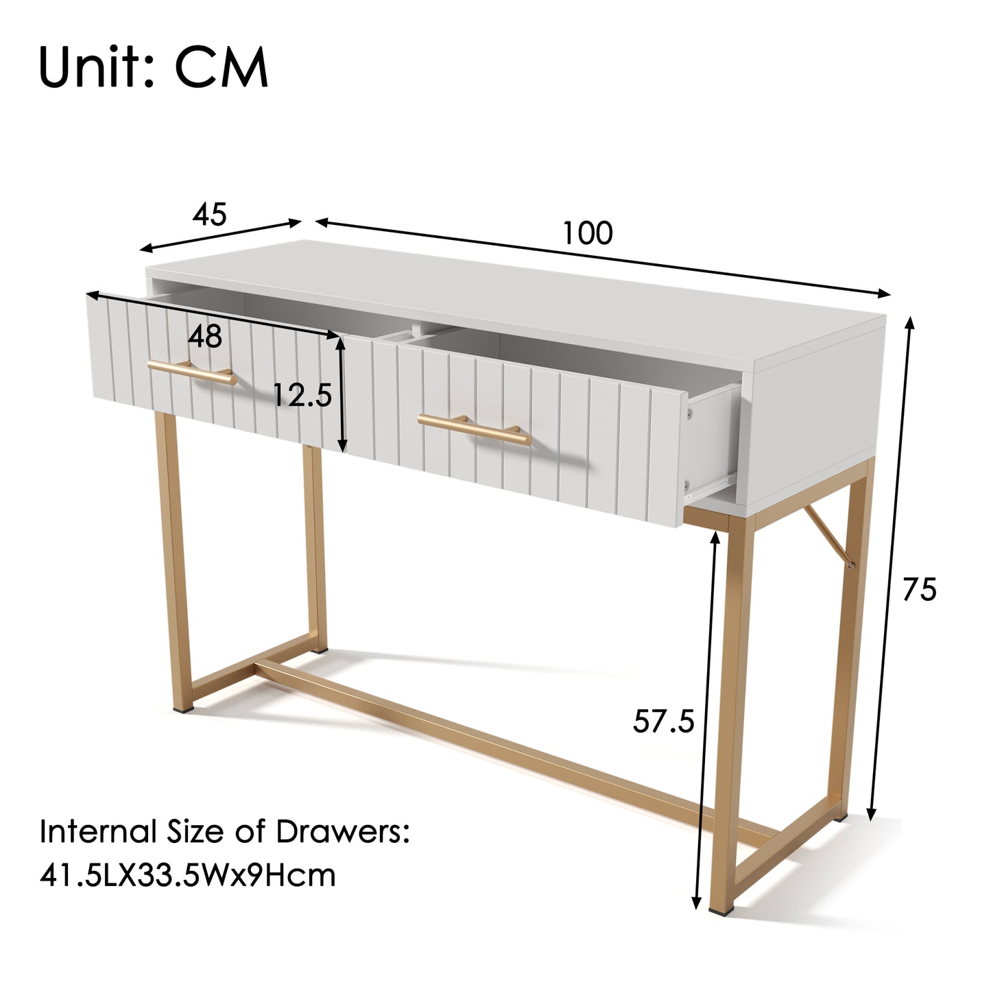 (Z)Dressing Table With 2 Drawers 75cm Height Dresser Bedroom Highboard White Sideboard Drawer Chest For Bedroom White -H75/B100 D45cm