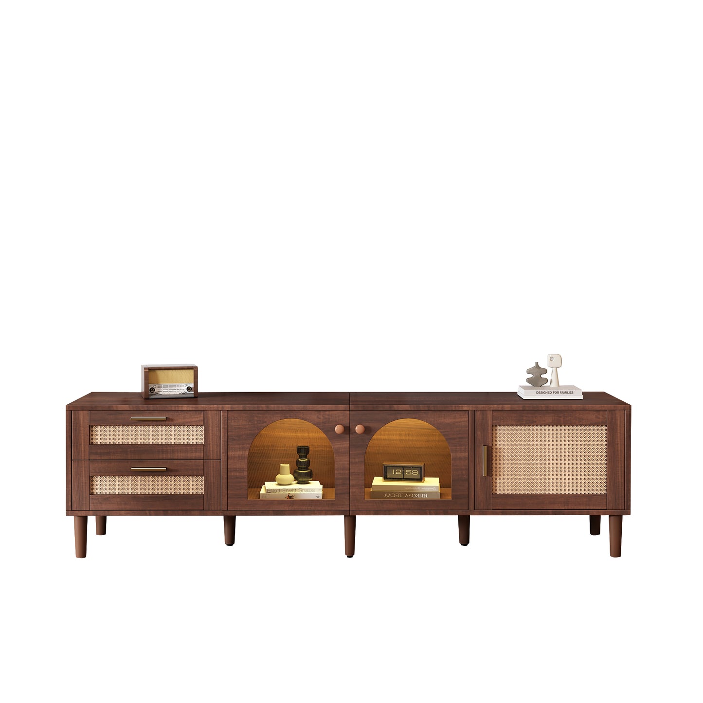 180cm Brown TV Cabinet with Rattan Drawers, Glass Doors, and LED Lighting