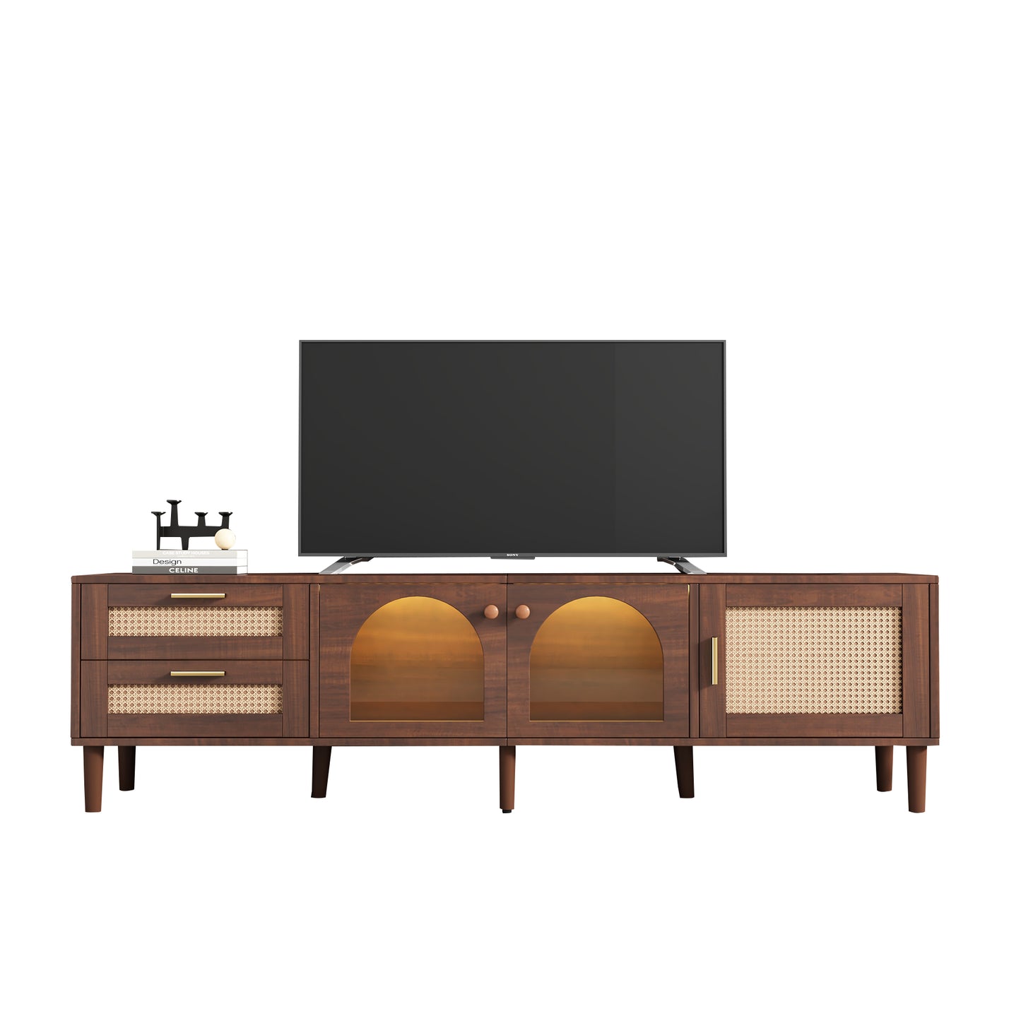 180cm Brown TV Cabinet with Rattan Drawers, Glass Doors, and LED Lighting