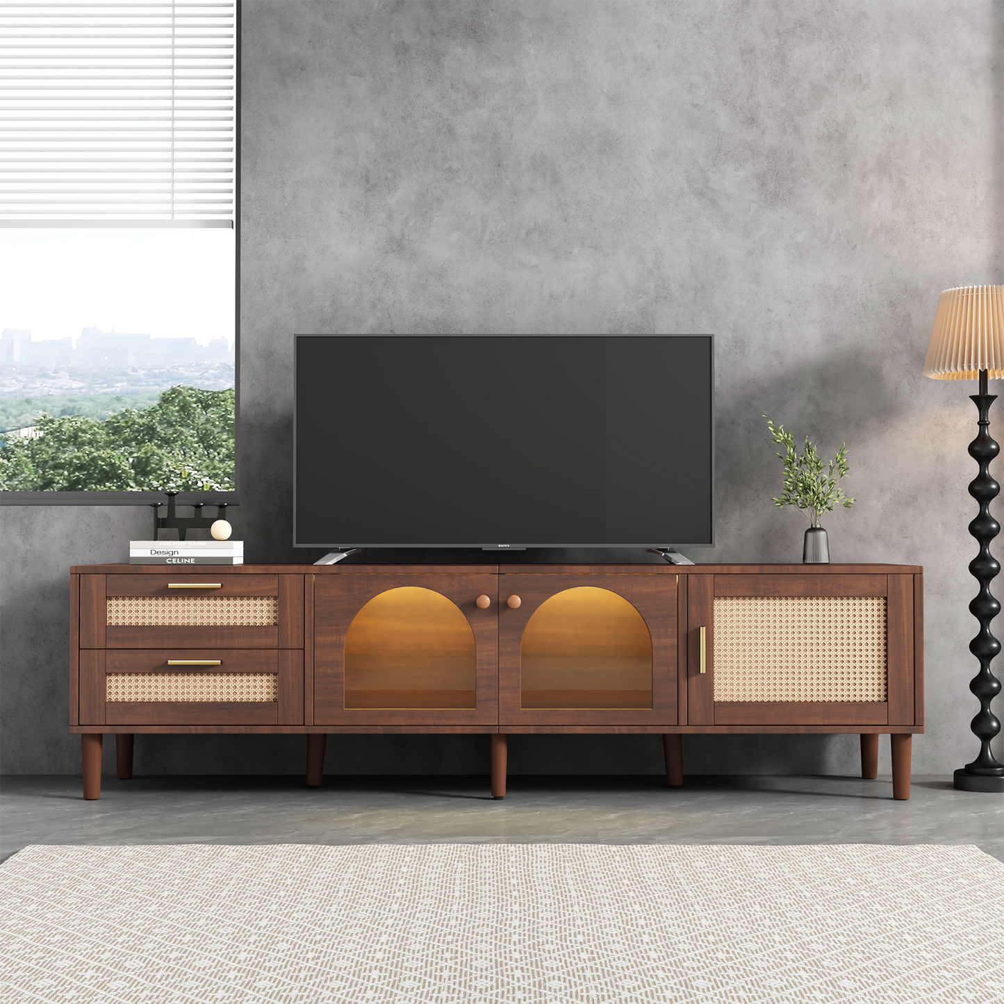 180cm Brown TV Cabinet with Rattan Drawers, Glass Doors, and LED Lighting